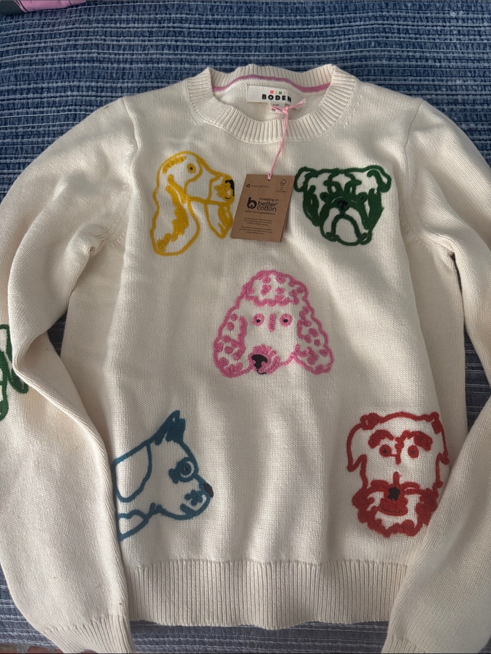 Boden Cream Sweater with Multicolor Dog Faces